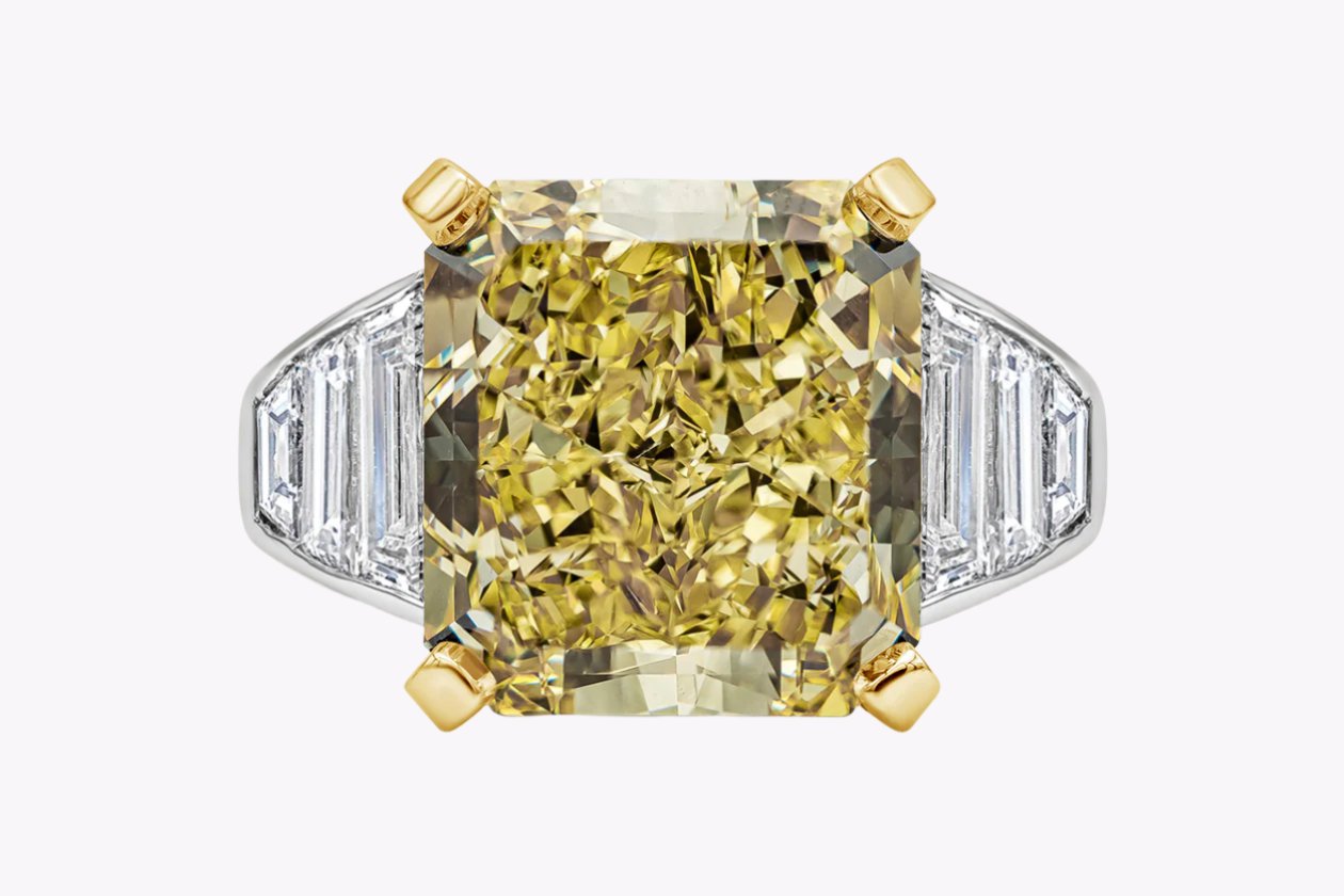 GIA Certified 11.30 Carats Radiant Cut Yellow Diamond Engagement Ring in Yellow Gold & Platinum