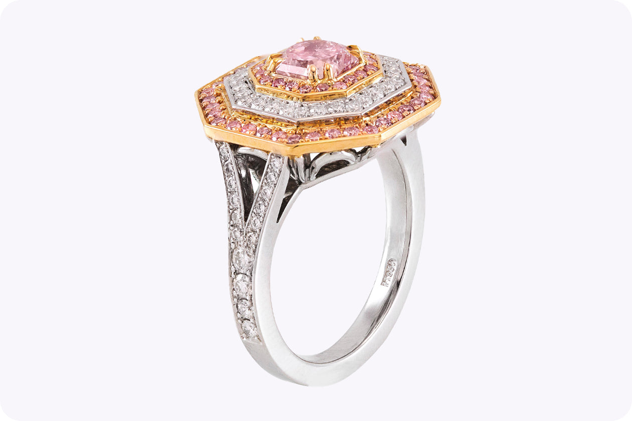 GIA Certified 0.90 Carat Radiant Cut Purple Pink Diamond Triple Halo Engagement Ring in Yellow Gold & Platinum - Image 3