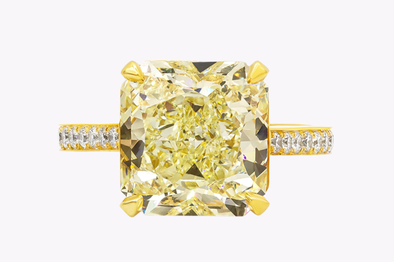 GIA Certified 8.07 Carats Radiant Cut Fancy Yellow Diamond Pavé Engagement Ring in Yellow Gold