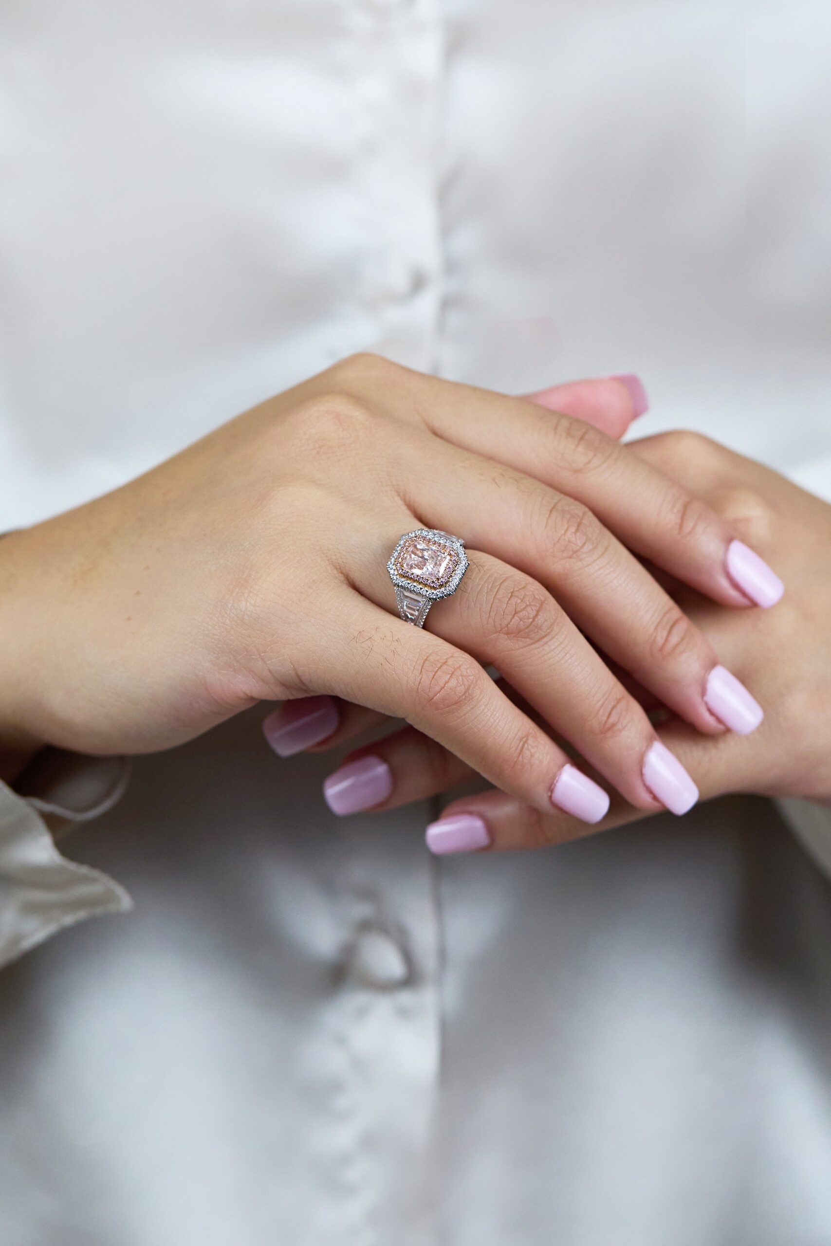 GIA Certified 2.01 Carats Radiant Cut Pink Diamond Double Halo Engagement Ring in Rose Gold & Platinum - Image 4