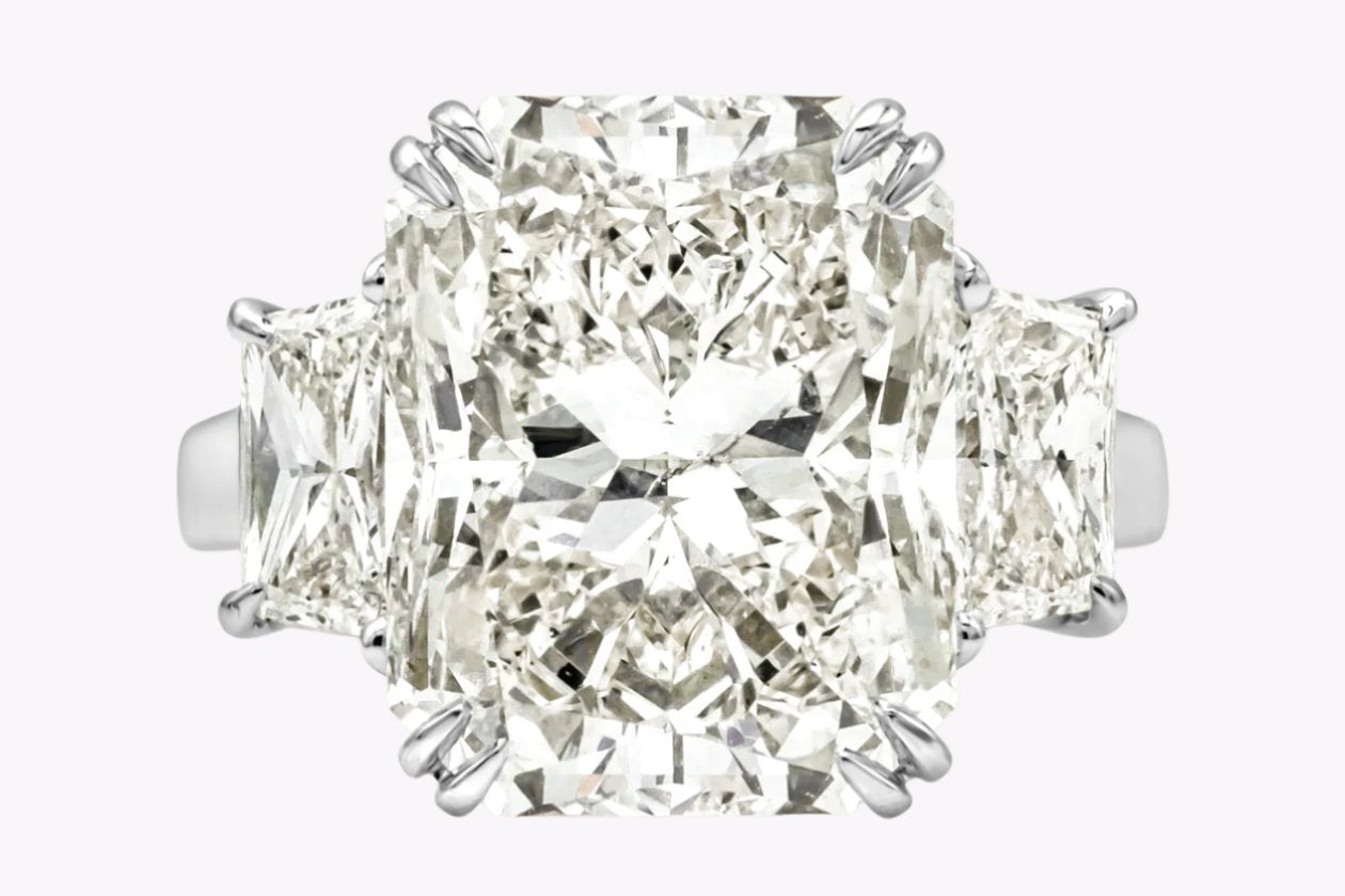 GIA Certified 10.44 Carats Radiant Cut Diamond Three-Stone Engagement Ring in Platinum
