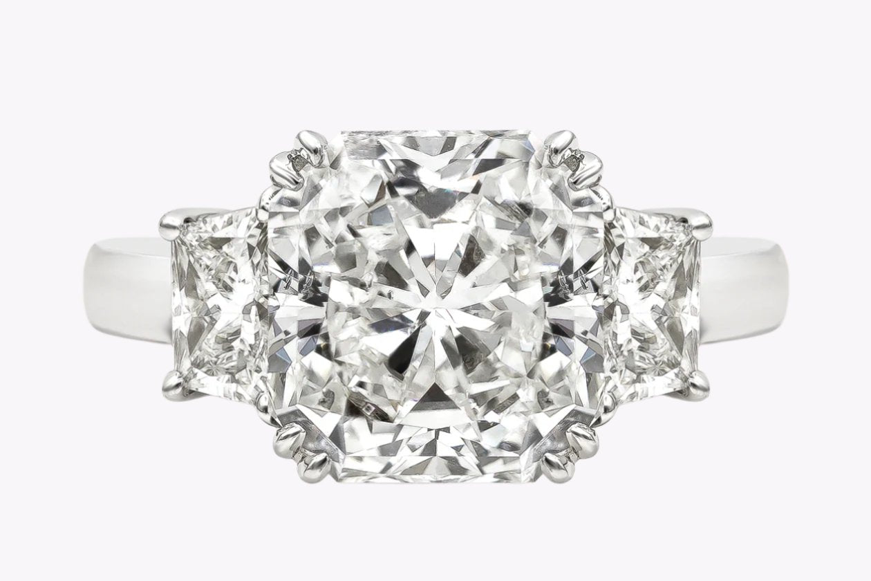 GIA Certified 5.24 Carats Radiant Cut Diamond Three-Stone Engagement Ring in Platinum