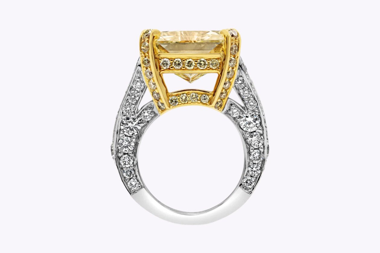 GIA Certified 13.95 Carats Radiant Cut Yellow Diamond Engagement Ring in Yellow Gold & Platinum - Image 3