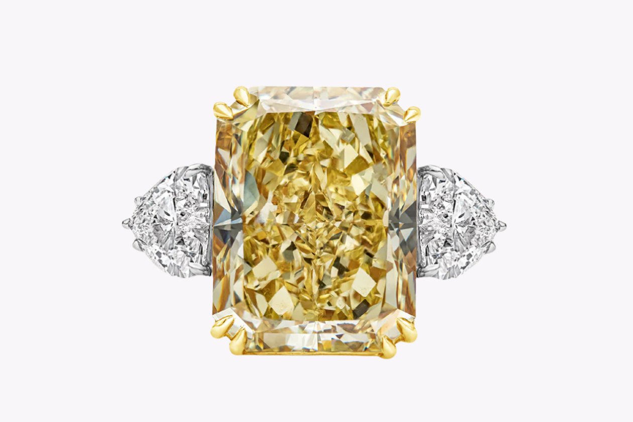 GIA Certified 17.25 Carats Radiant Cut Yellow Diamond Three-Stone Engagement Ring in Yellow Gold & Platinum
