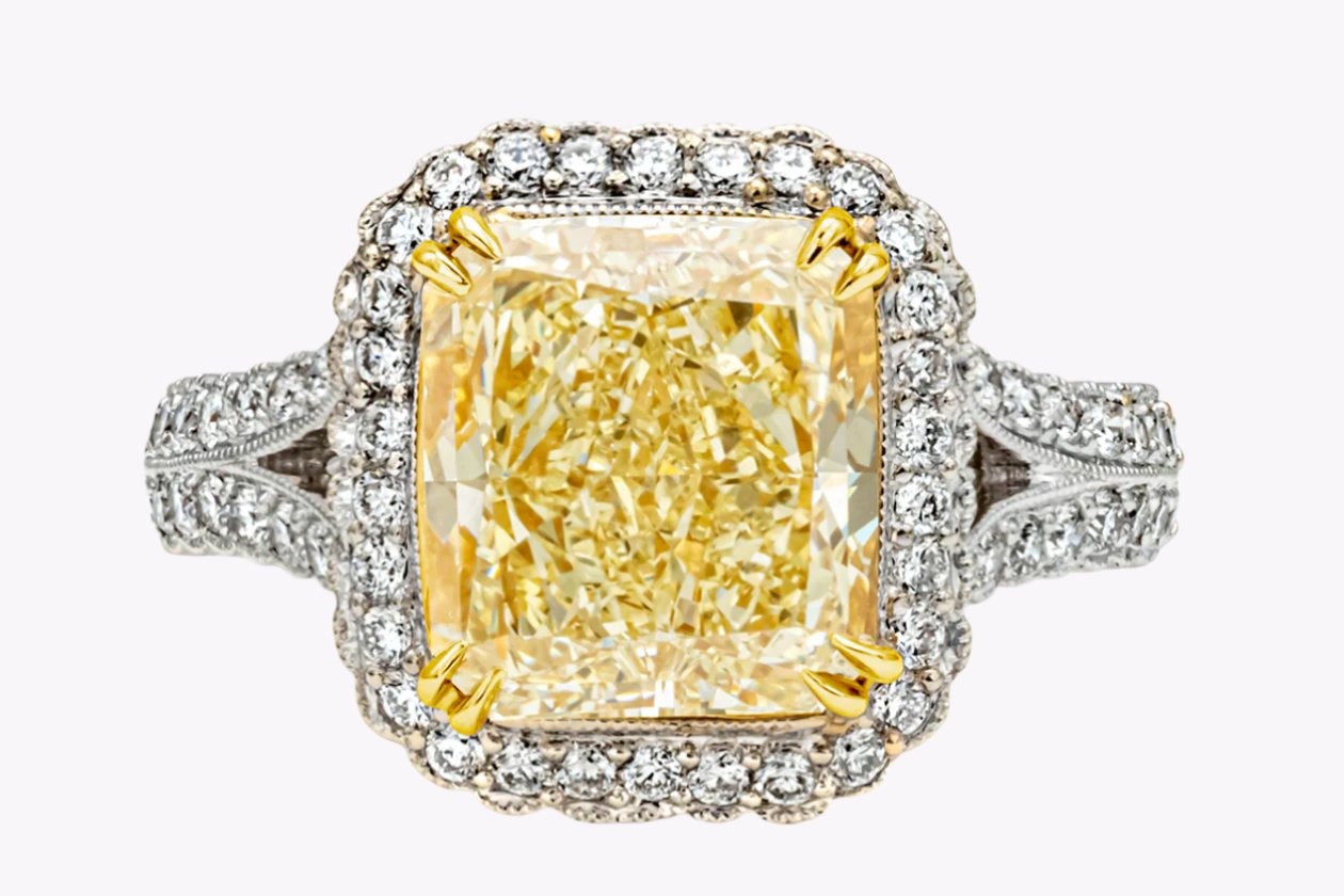 GIA Certified 4.51 Carats Radiant Cut Yellow Diamond Halo Engagement Ring in Yellow Gold & Platinum