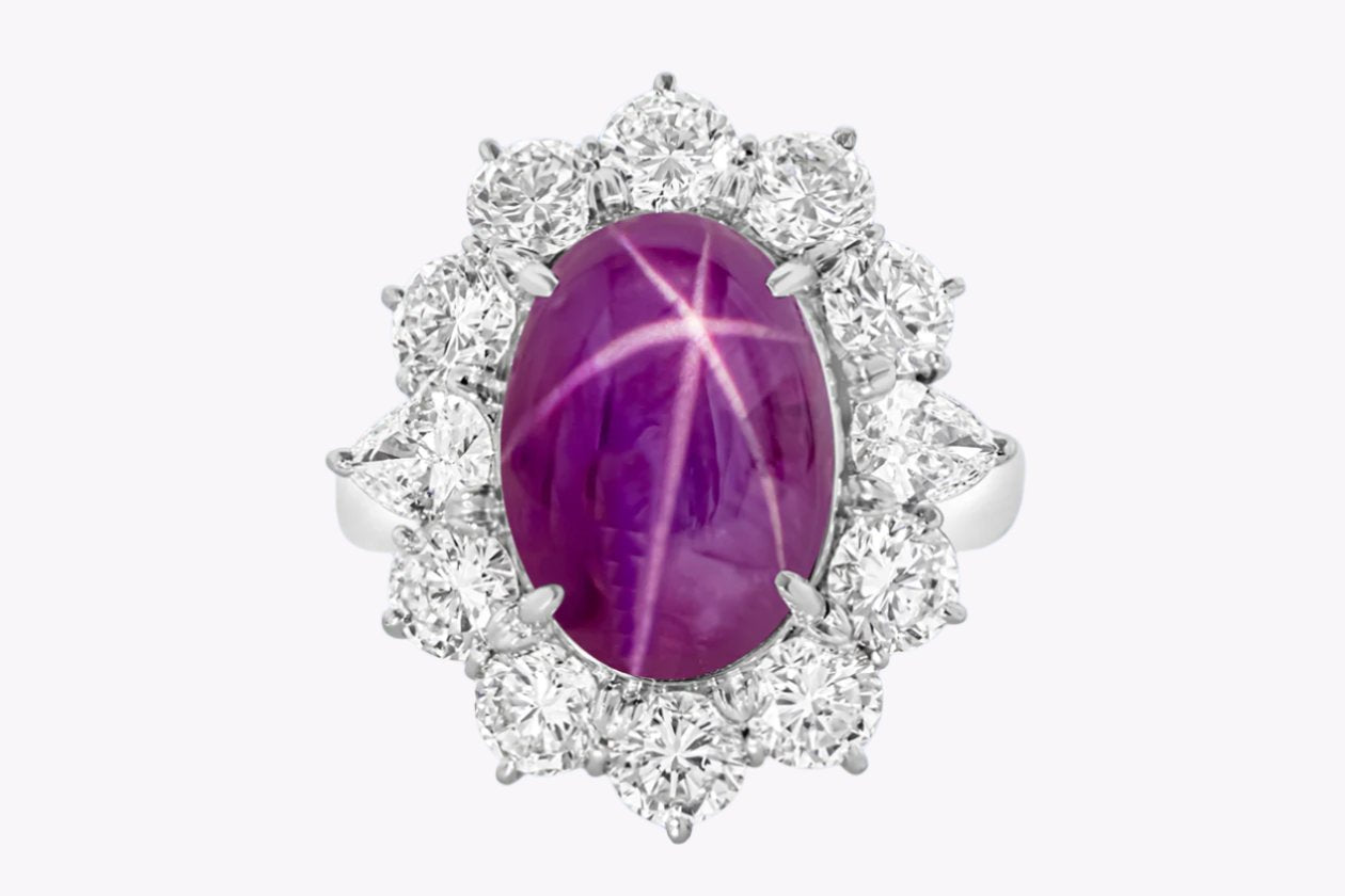 11.03 Carats Natural Cabochon Star Burmese Ruby Halo Cocktail Ring in Platinum