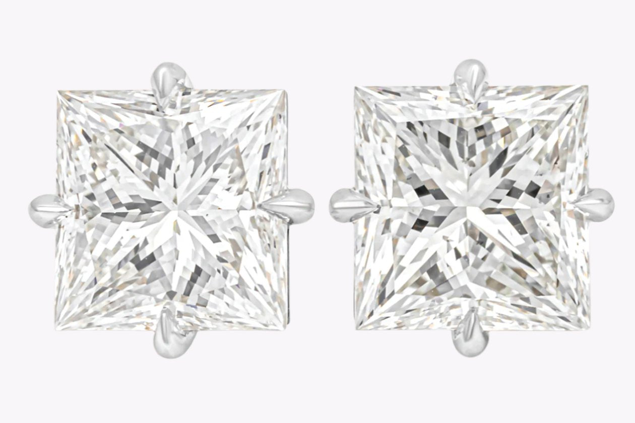 GIA Certified 6.07 Carats Total Princess Brilliant Cut Diamond Stud Earrings in Platinum