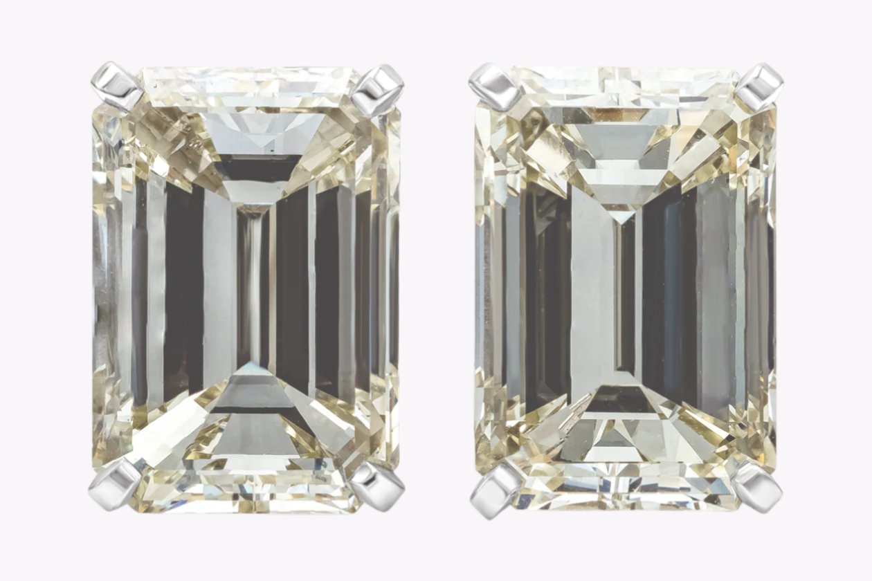 GIA Certified 14.22 Carats Total Emerald Cut Diamond Stud Earrings in White Gold & Platinum