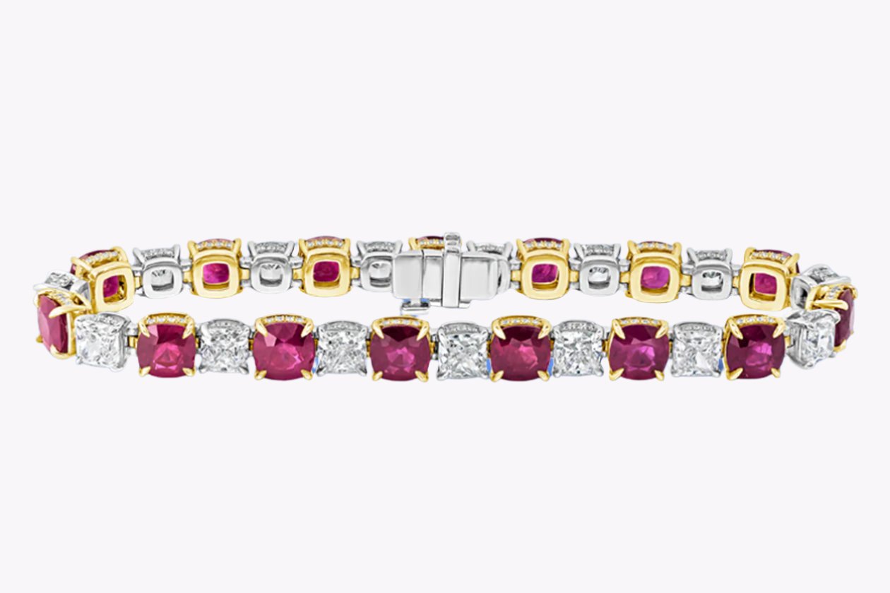 30.00 Carats Total Cushion Cut Burmese Ruby & Diamond Tennis Bracelet in Yellow Gold & Platinum