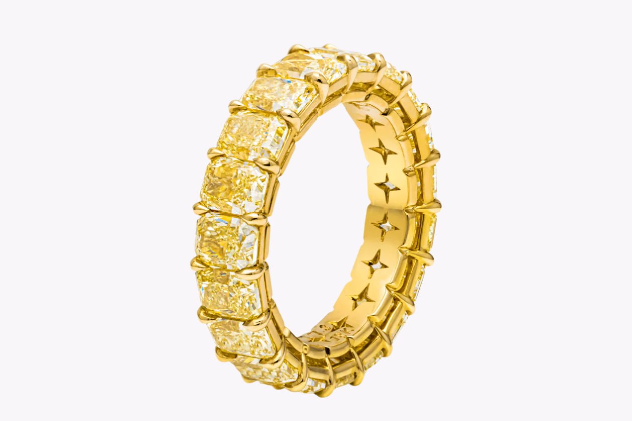 7.80 Carats Total Radiant Cut Yellow Diamond Eternity Wedding Band in Yellow Gold - Image 3