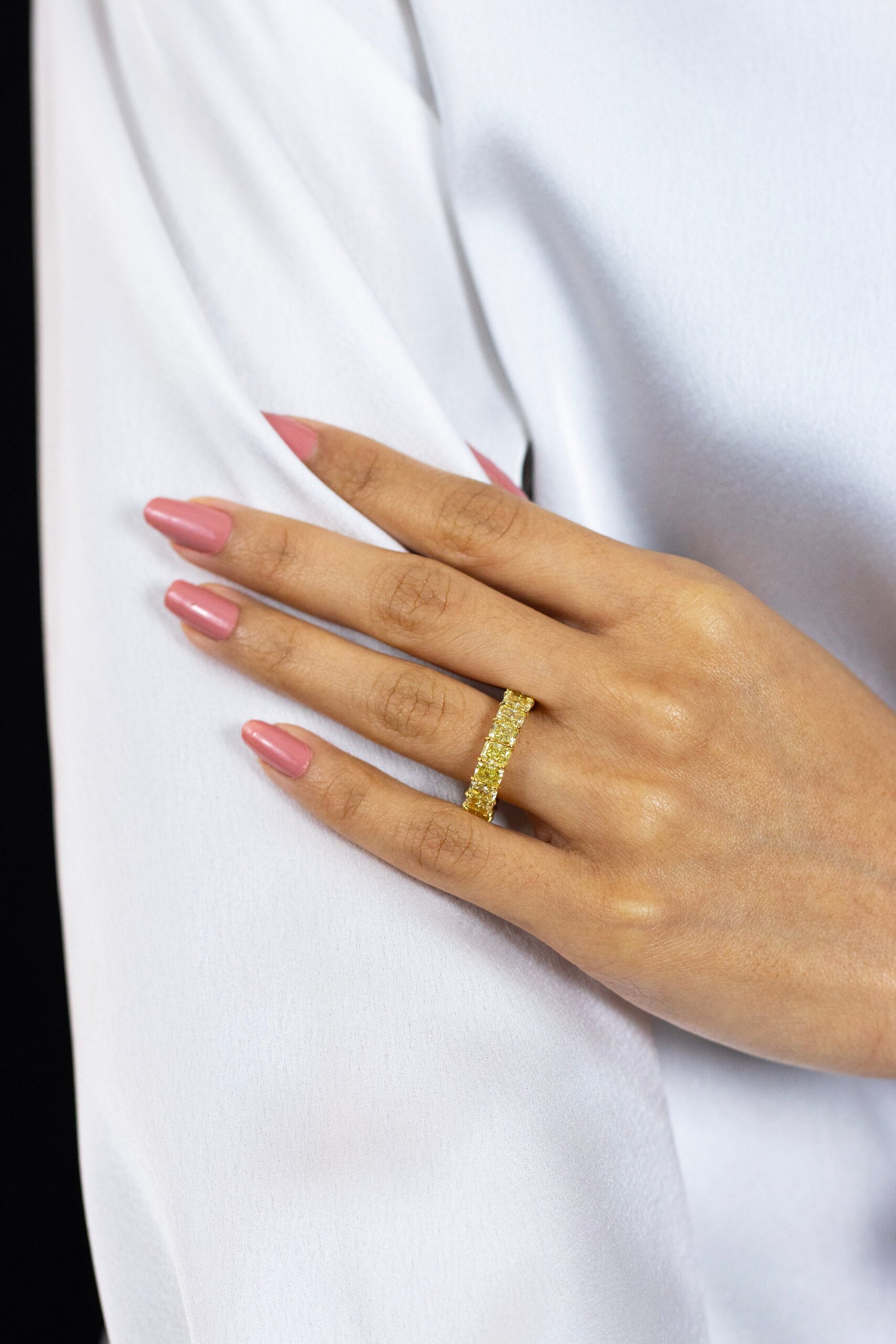 7.80 Carats Total Radiant Cut Yellow Diamond Eternity Wedding Band in Yellow Gold - Image 4