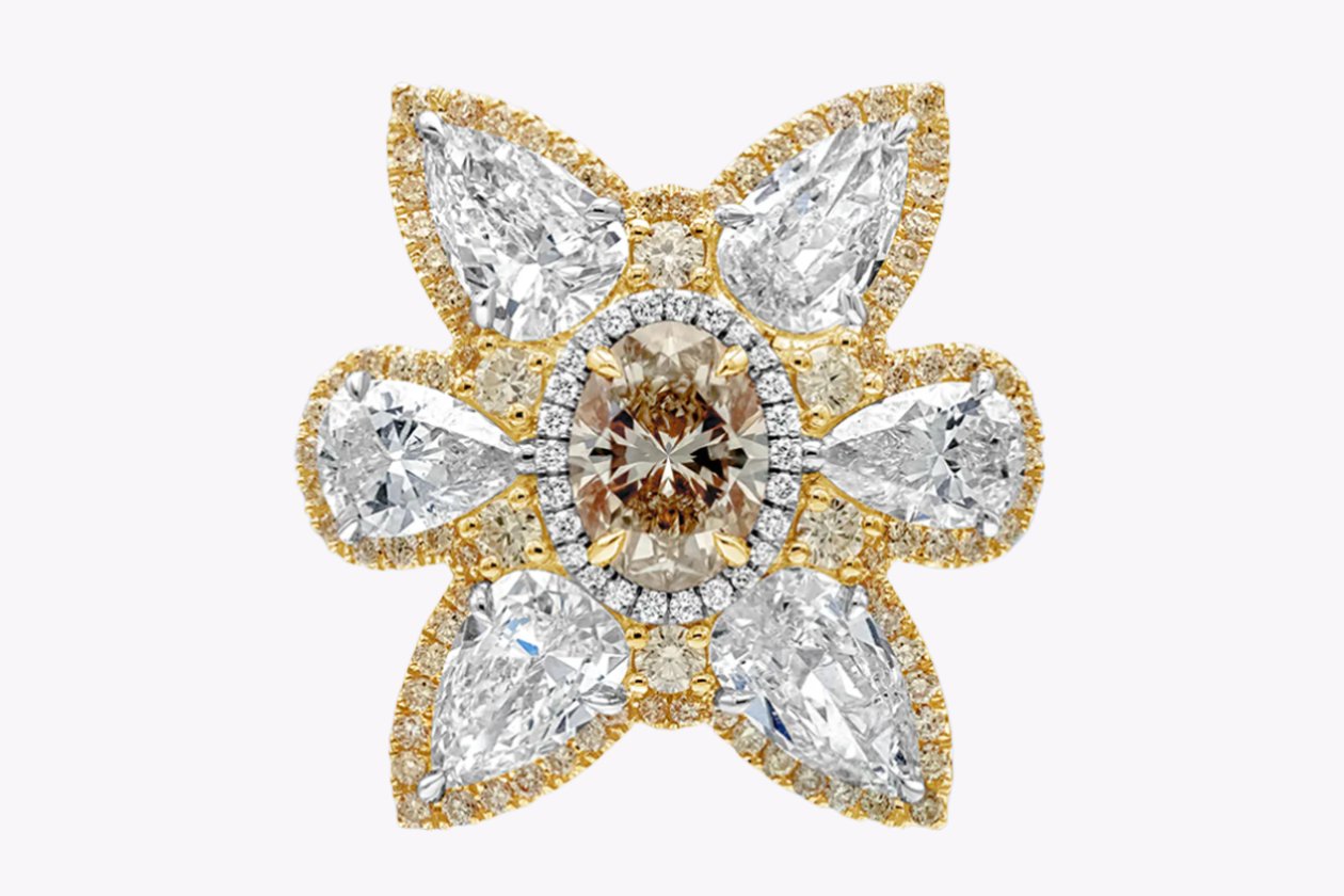 GIA Certified 11.15 Carats Total Mixed-Cut Diamond Flower Cocktail Ring in Yellow Gold & Platinum