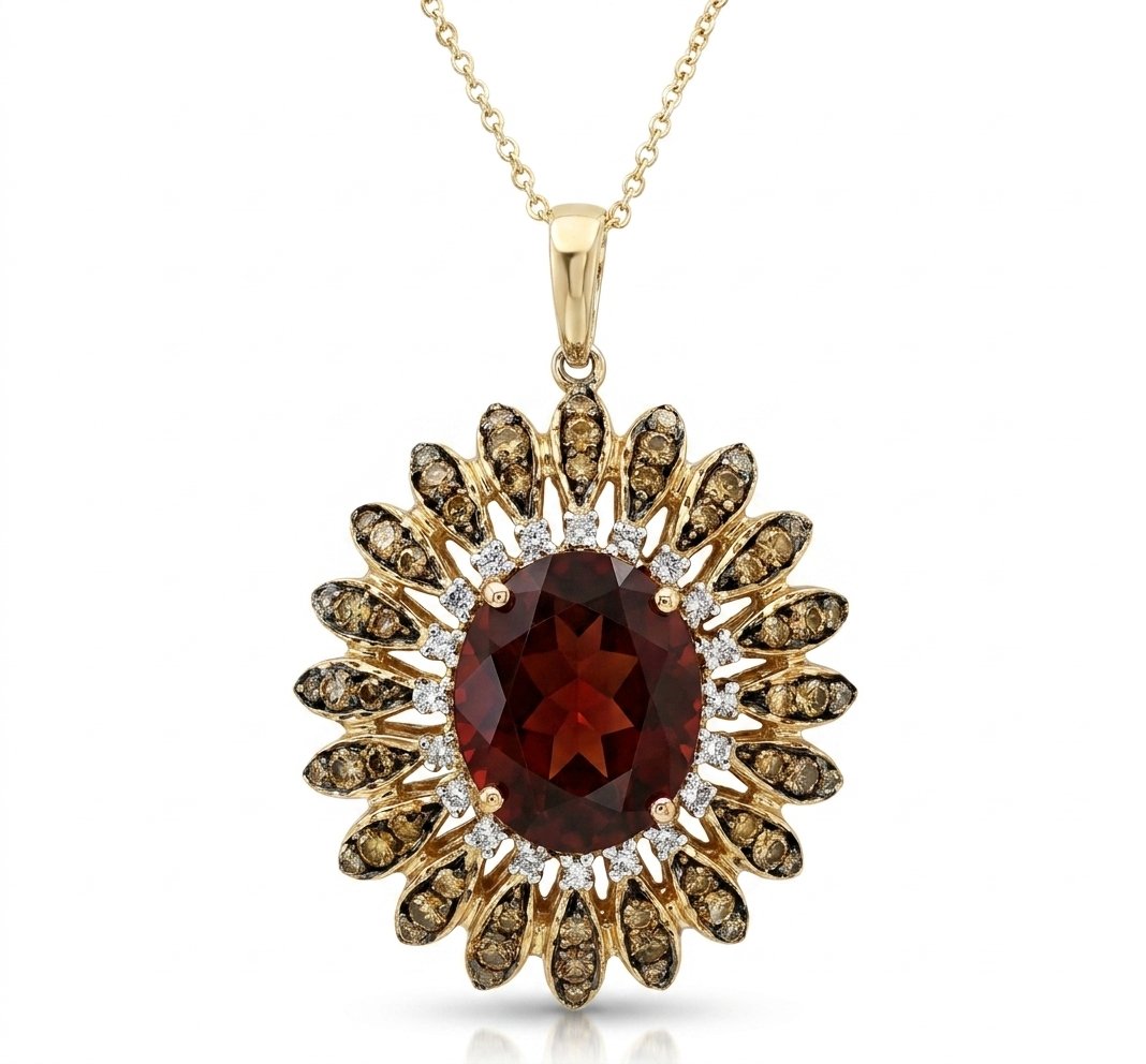 Garnet Champagne Diamond and Diamond Pendant in 14K Yellow Gold