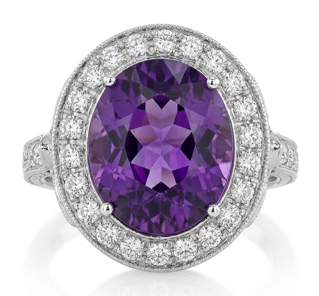 Amethyst and Diamond Ring in 14K White Gold - Front View by Kelly Christie