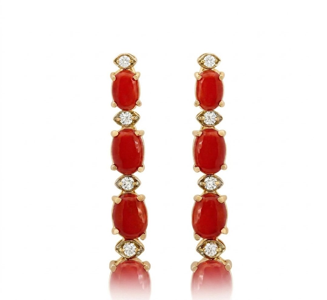 Coral and Diamond Earrings in 14K Yellow Gold