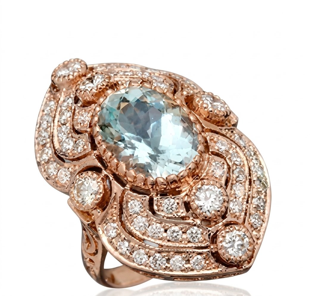 Aquamarine and Diamond Ring in 14K Rose Gold - Front View by Kelly Christie