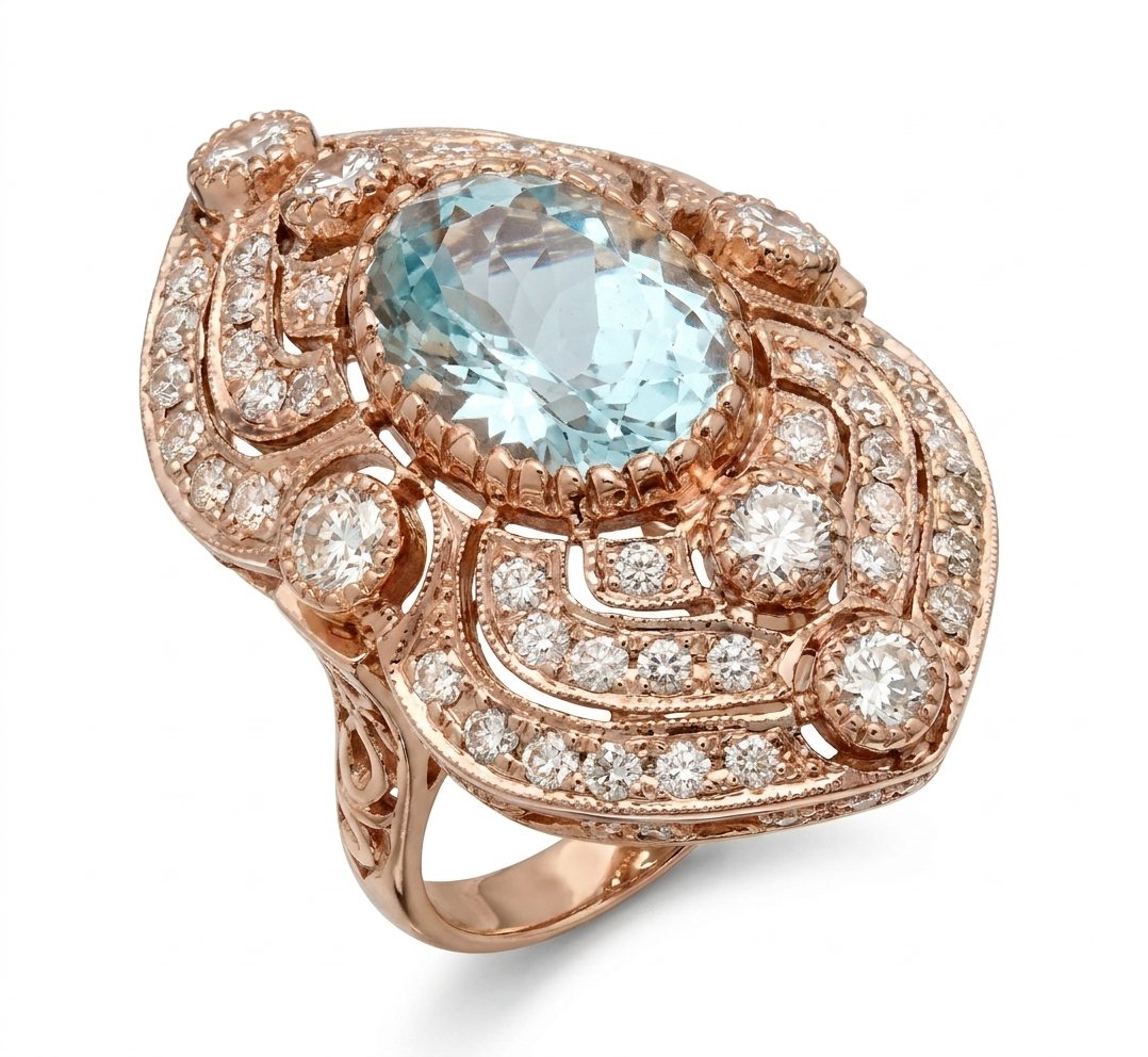 Aquamarine and Diamond Ring in 14K Rose Gold - Three-Quarter View by Kelly Christie