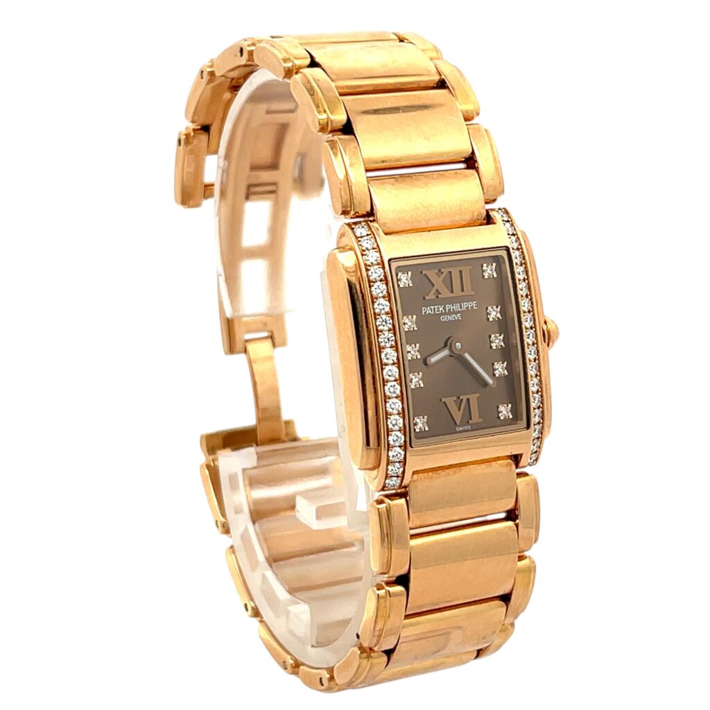 Patek Philippe Twenty~4 4908/11R-010 Rose Gold Brown Diamond Dial - Angle View by Patek Philippe