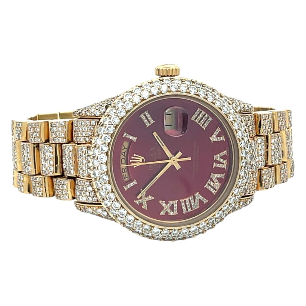Rolex Day-Date 18038 Yellow Gold Custom Red Diamond Dial - Angle View by Rolex