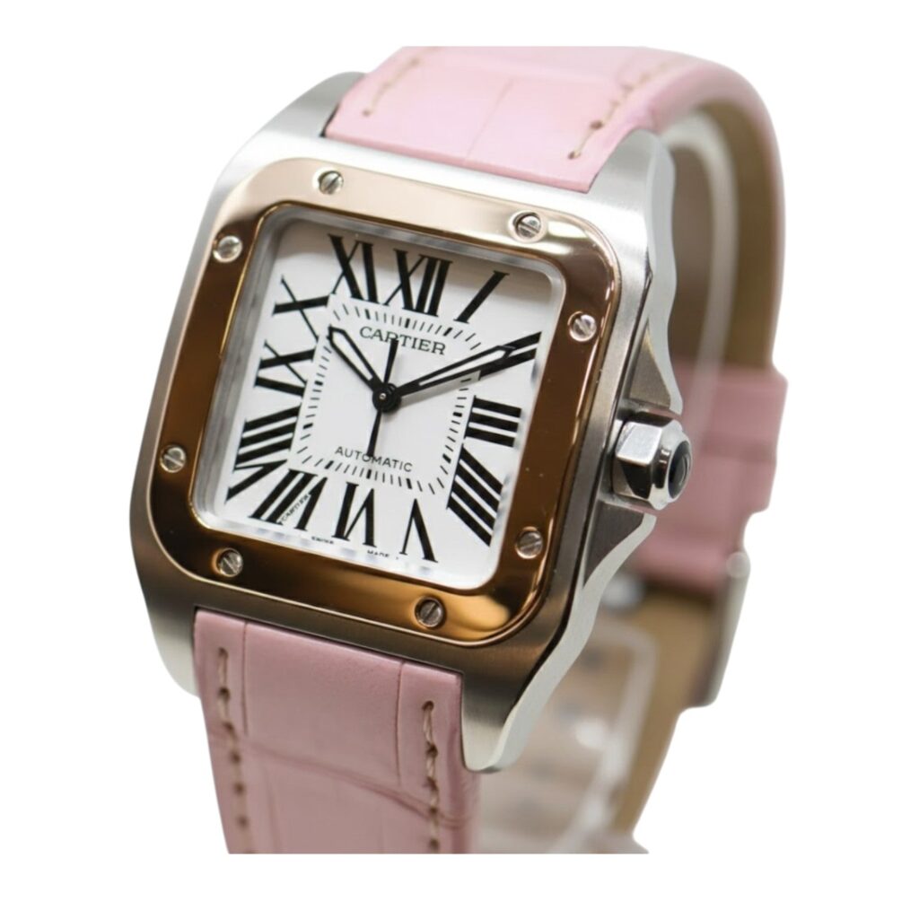 Cartier Santos 100 2878 Steel & Yellow Gold Silver Dial - Angle View by Cartier