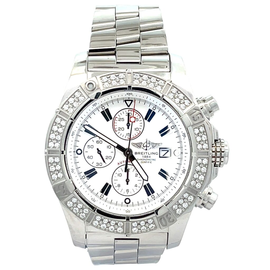 Breitling Super Avenger A13370 Diamond Bezel White Index Dial - Front View by Breitling