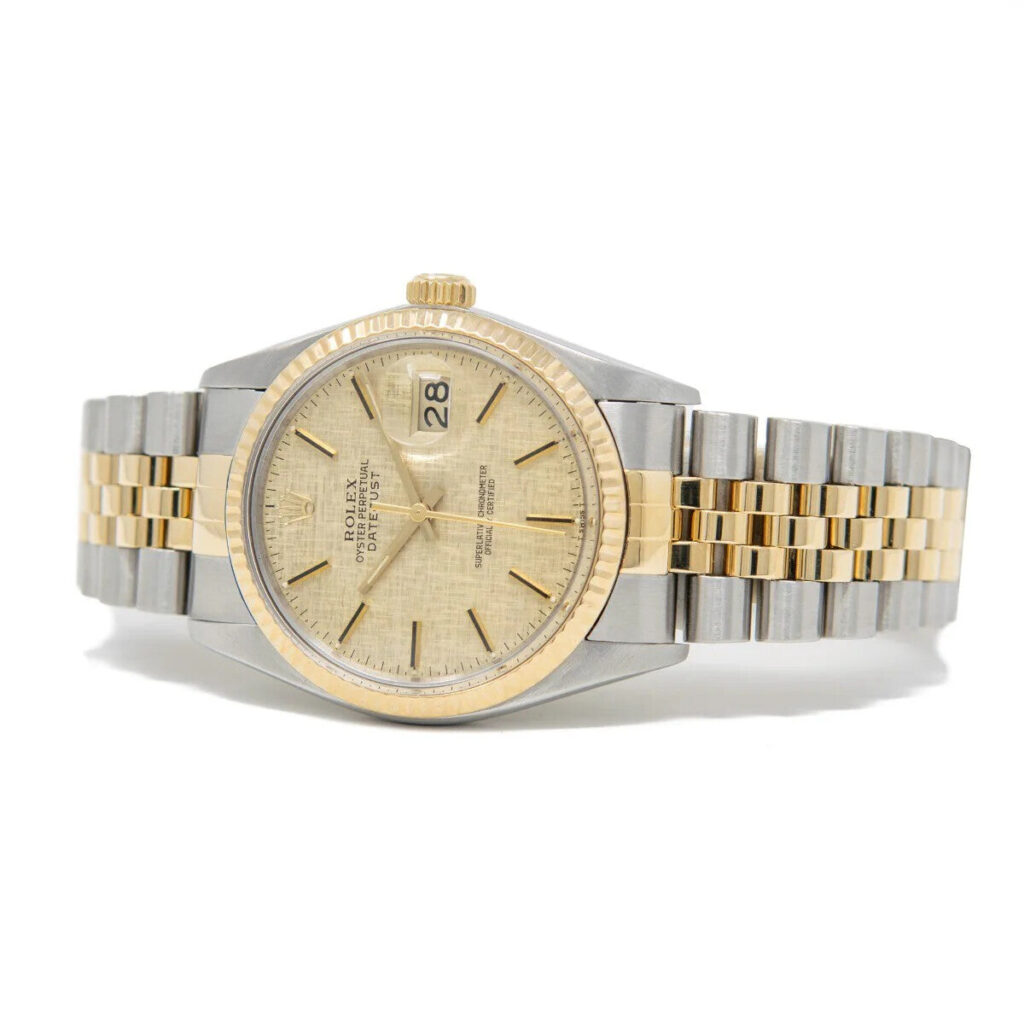 Rolex Datejust 16233 Steel & Yellow Gold Champagne Linen Dial - Angle View by Rolex