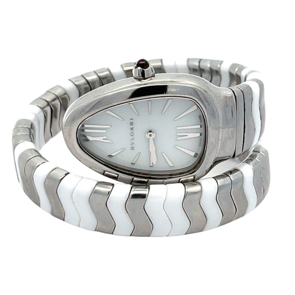 Bulgari Serpenti Tubogas SP35C 102182 Steel and Ceramic White Dial - Front View by Bulgari