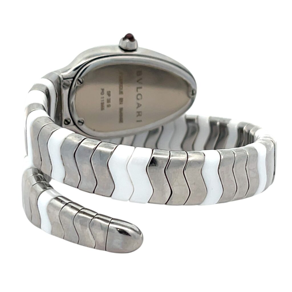Bulgari Serpenti Tubogas SP35C 102182 Steel and Ceramic White Dial - Angle View by Bulgari