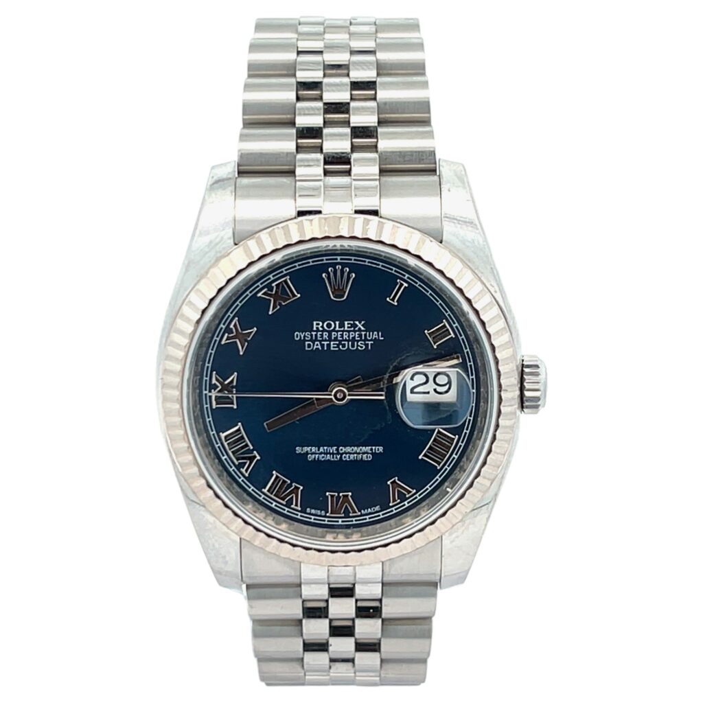 Rolex Datejust 116234 White Gold Fluted Bezel Blue Roman Dial - Front View by Rolex