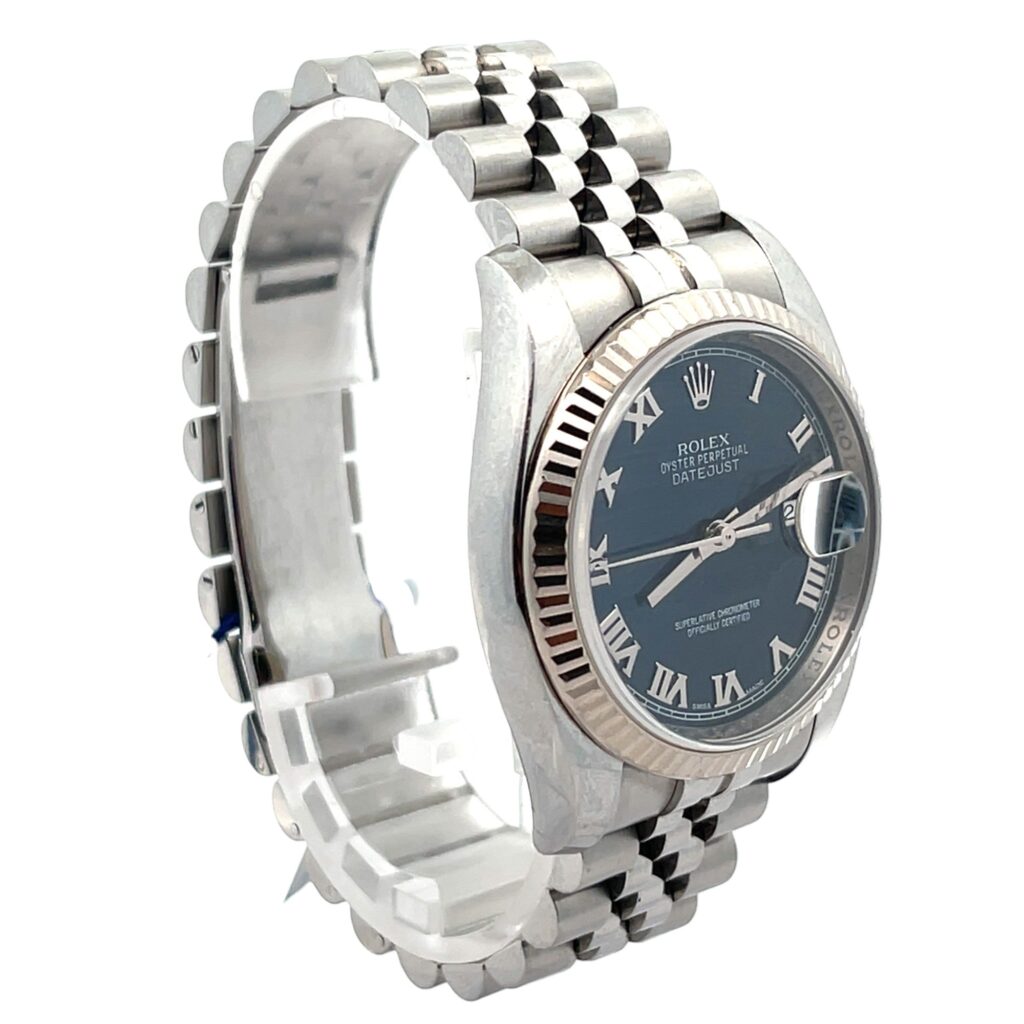 Rolex Datejust 116234 White Gold Fluted Bezel Blue Roman Dial - Angle View by Rolex