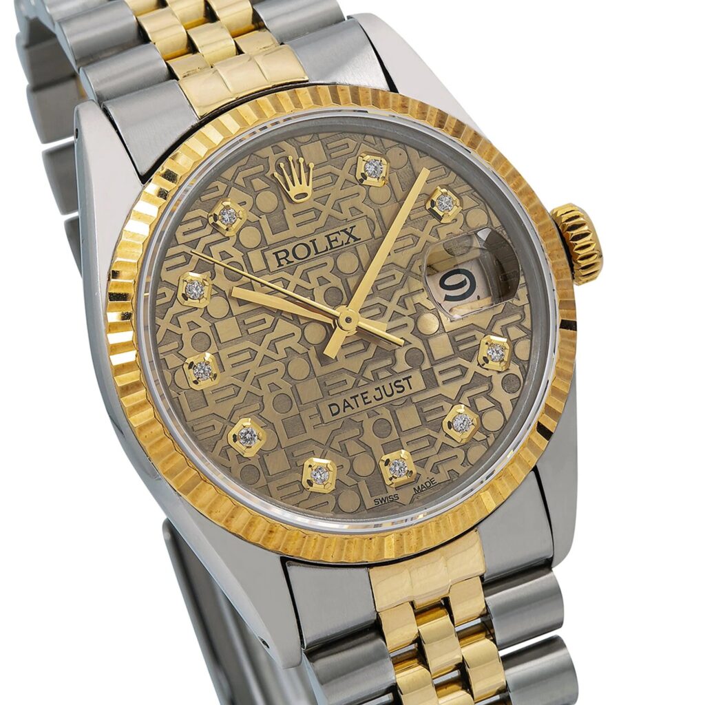 Rolex Datejust 16233 Steel & Yellow Gold Anniversary Champagne Diamond Dial - Angle View by Rolex