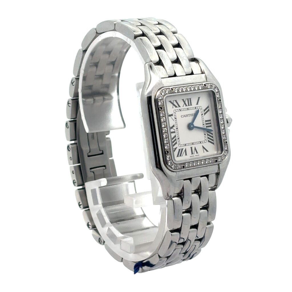 Cartier Panthere Medium W4PN0018 Steel Diamond Bezel White Dial - Angle View by Cartier