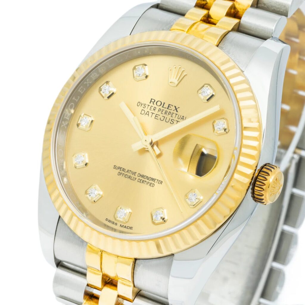 Rolex Datejust 36 116233 Yellow Gold and Steel Champagne Diamond Dial - Angle View by Rolex
