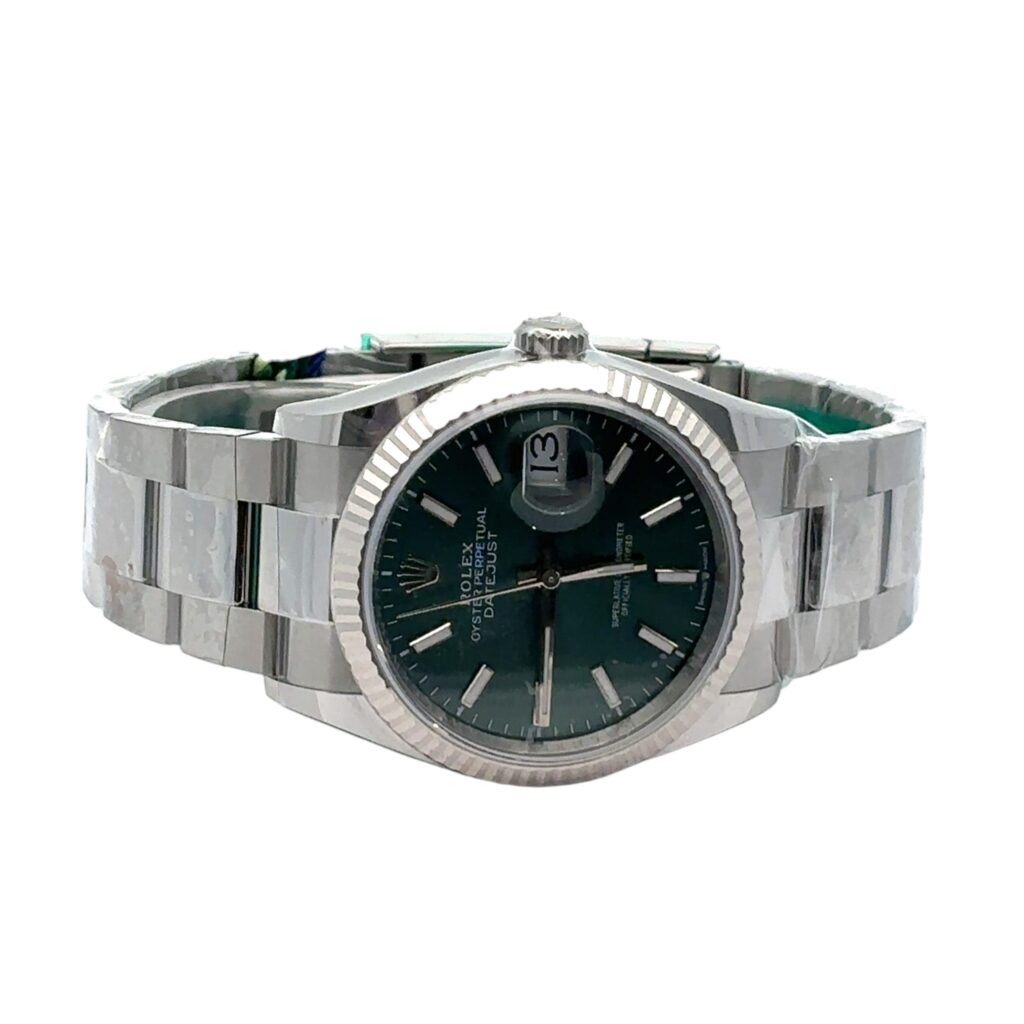 Rolex Datejust 36 126234 White Gold Fluted Bezel Green Motif Dial - Angle View by Rolex