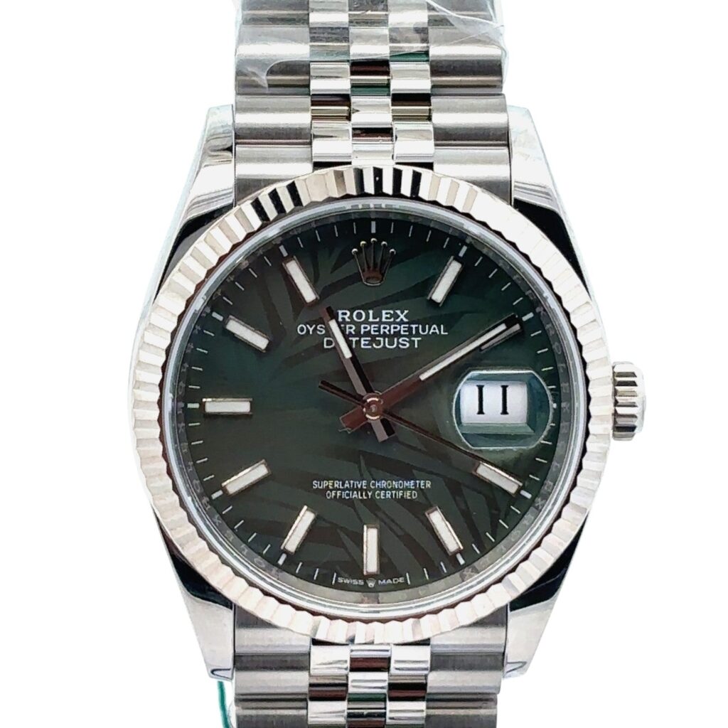 Rolex Datejust 36 126234 Steel & White Gold Palm Green Motif Dial - Angle View by Rolex