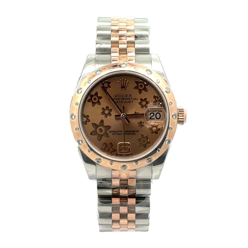 Rolex Datejust 31 178341 Factory Floral Pink Dial Diamond Bezel - Front View by Rolex