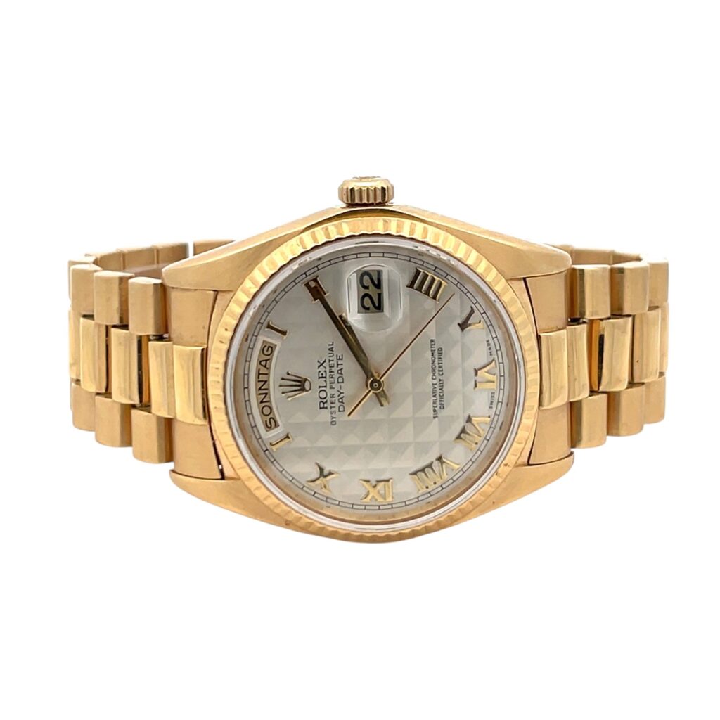 Rolex Day-Date 18038 Yellow Gold Factory Pyramid Dial - Angle View by Rolex