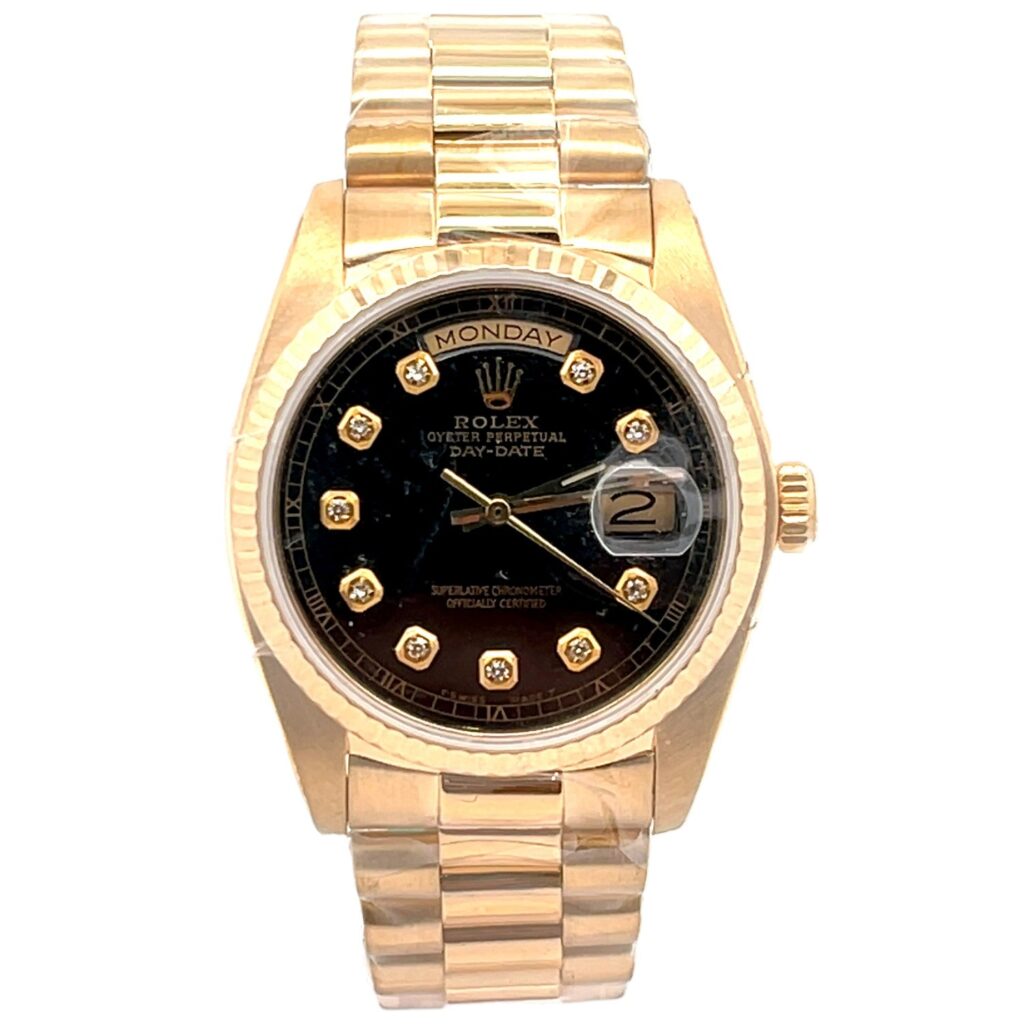 Rolex Day-Date 18038 18K Yellow Gold Black Diamond Dial - Front View by Rolex
