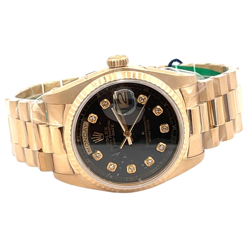 Rolex Day-Date 18038 18K Yellow Gold Black Diamond Dial - Angle View by Rolex