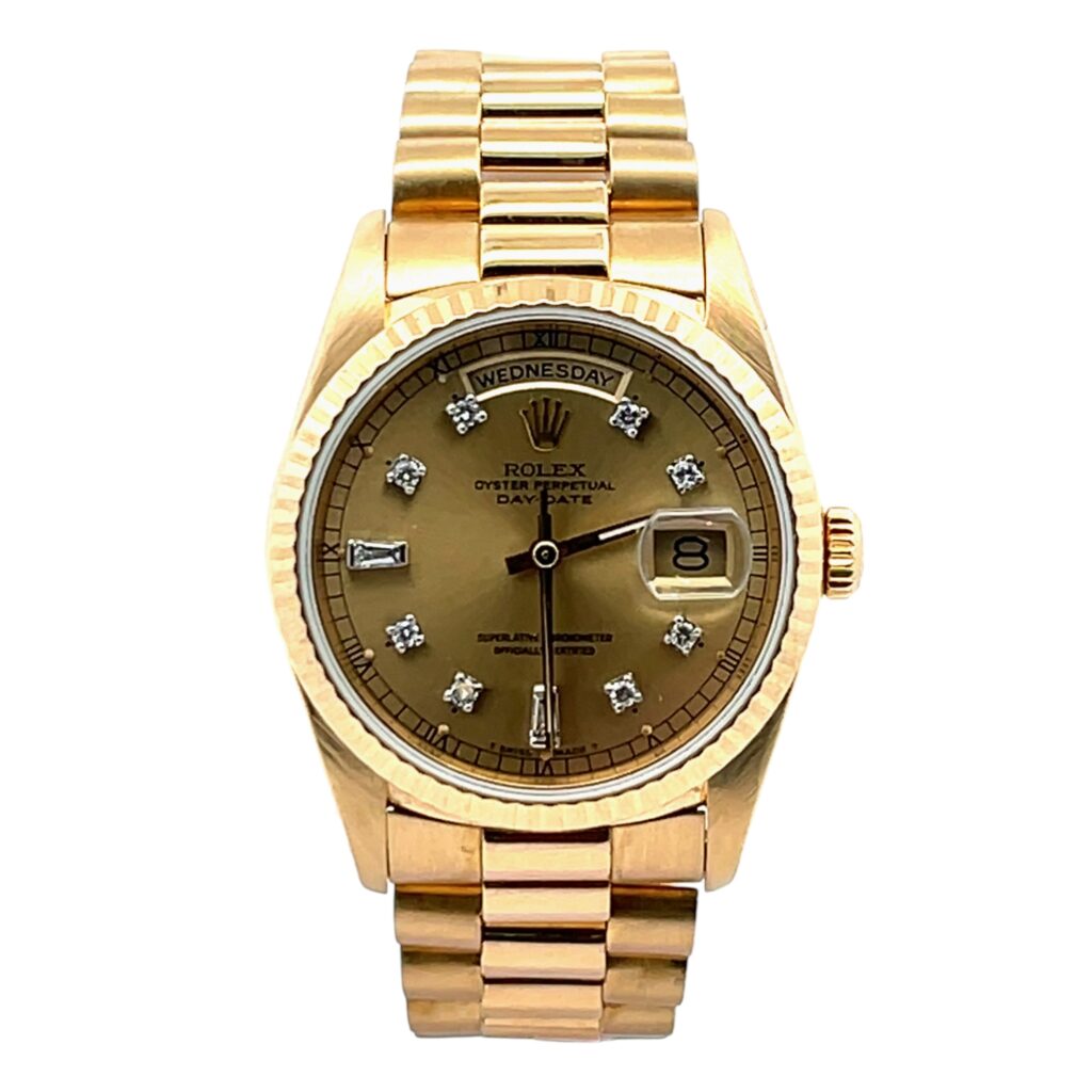 Rolex Day-Date 18238 Yellow Gold Champagne Diamond Dial - Front View by Rolex