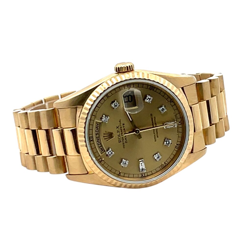 Rolex Day-Date 18238 Yellow Gold Champagne Diamond Dial - Angle View by Rolex
