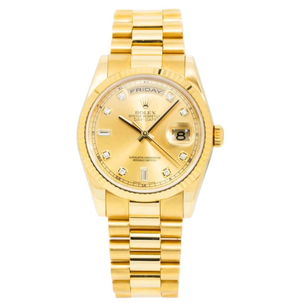 Rolex Day-Date 36 118238 Yellow Gold Champagne Diamond Dial - Front View by Rolex