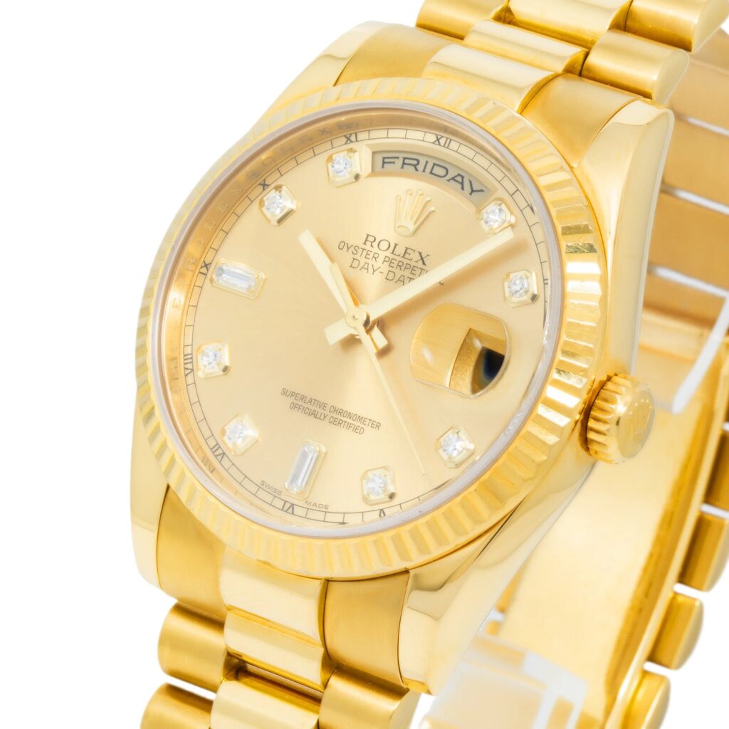 Rolex Day-Date 36 118238 Yellow Gold Champagne Diamond Dial - Angle View by Rolex
