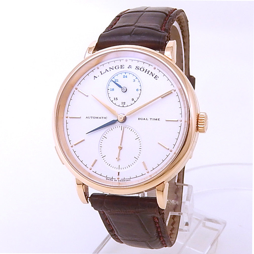 A. Lange & Sohne Saxonia Dual Time 385.032 18k Rose Gold Silver Dial - Front View by A. Lange & Sohne