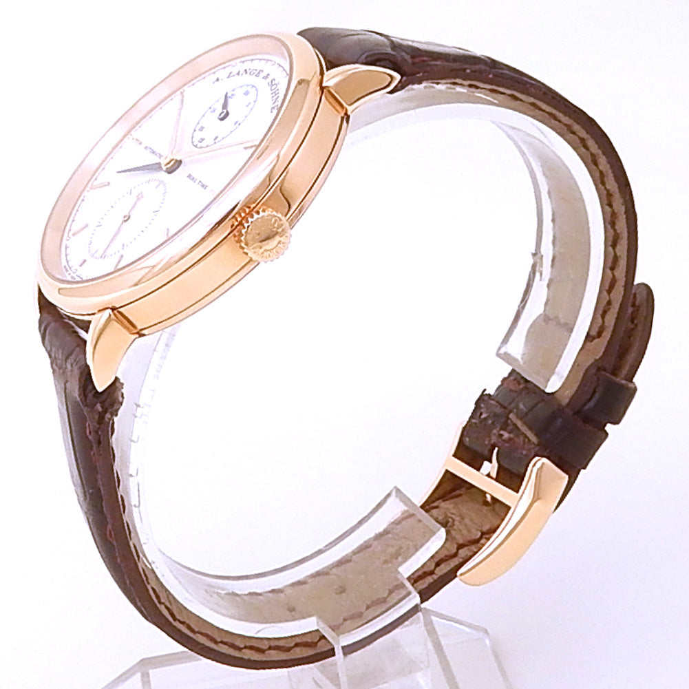 A. Lange & Sohne Saxonia Dual Time 385.032 18k Rose Gold Silver Dial - Angle View by A. Lange & Sohne